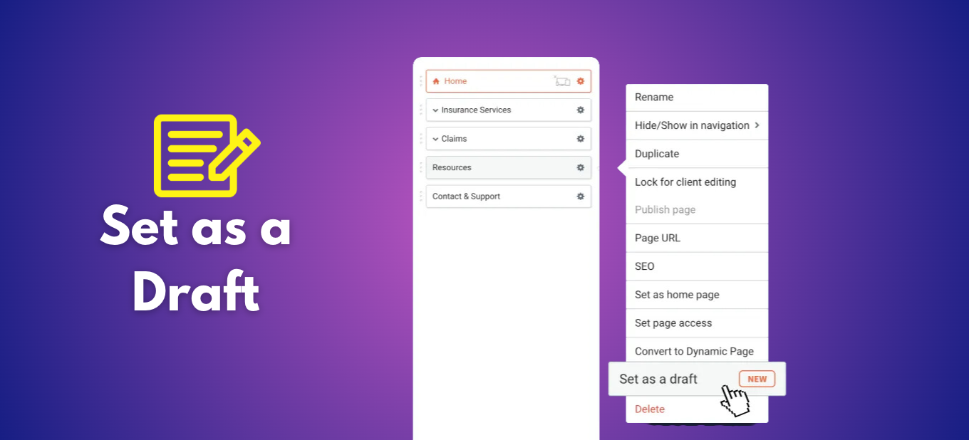 A graphic on a purple background showing a menu where a cursor clicks the