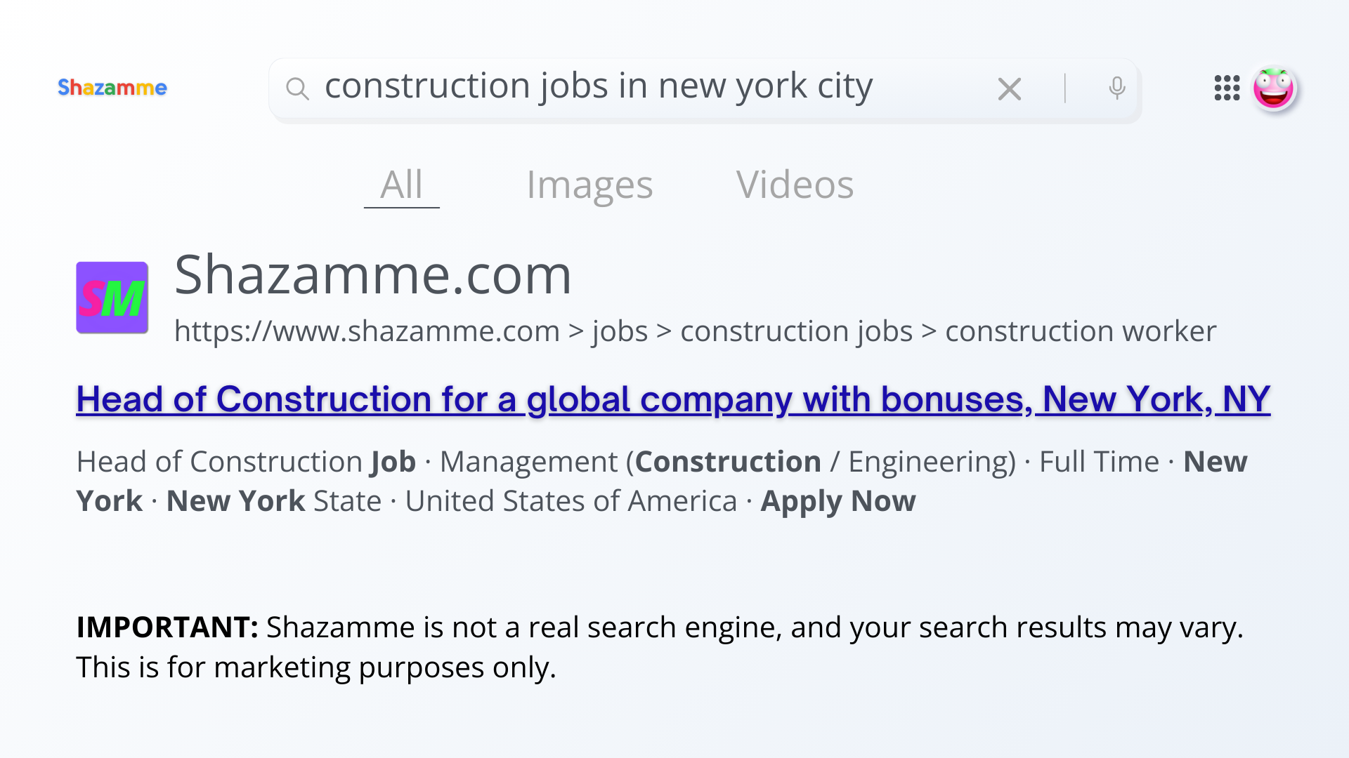 A mock search engine result for 