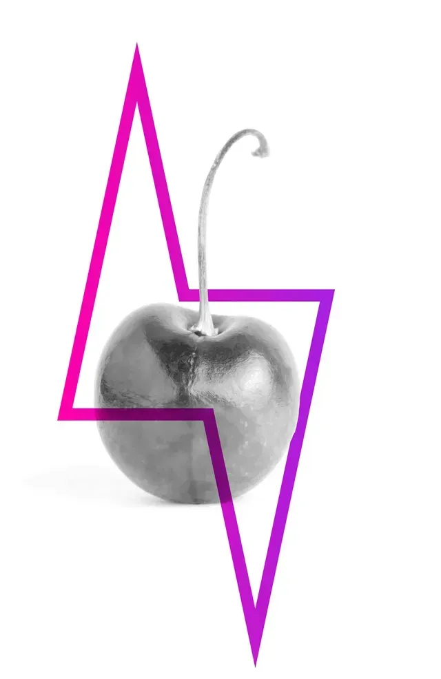 A grayscale cherry centered behind a vibrant purple lightning bolt outline on a white background.