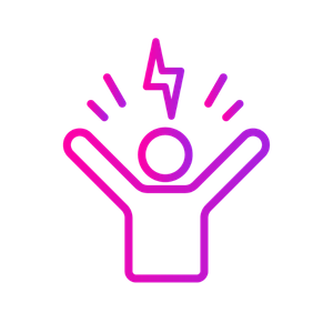 A minimalist line-art icon of a person with raised arms, topped with a lightning bolt, in a pink-to-purple gradient.
