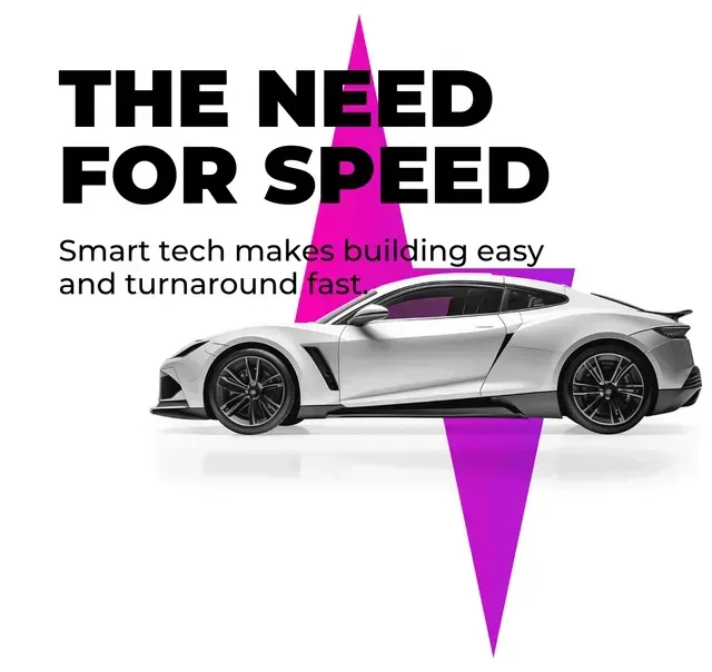 A silver sports car in front of a purple lightning bolt graphic with text: 