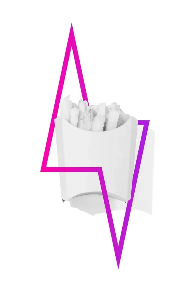 A container of french fries overlaid with a large, bright pink and purple lightning bolt graphic on a white background.