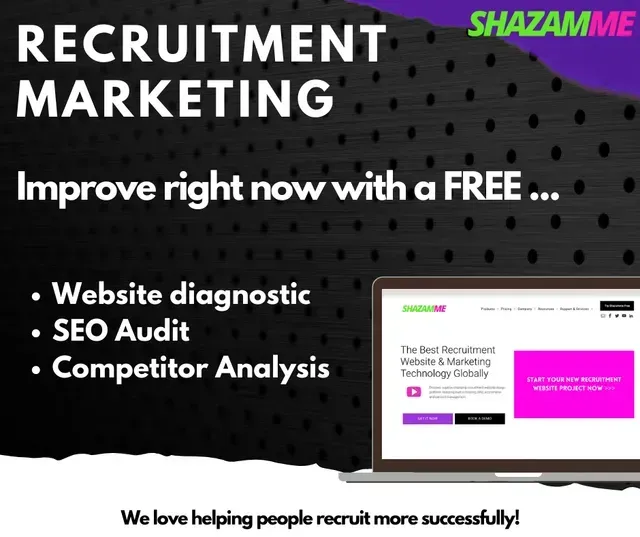 Ad for recruitment marketing services offering a free website diagnostic, SEO audit, and competitor analysis.
