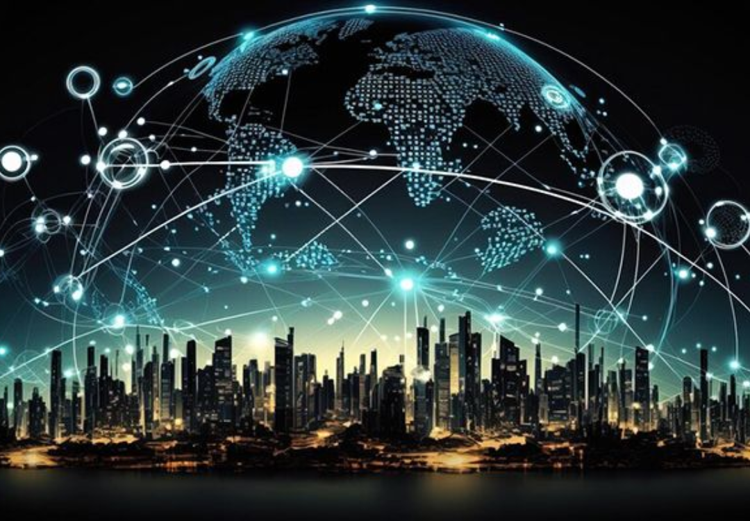 A glowing digital globe with network connections hovers above a silhouette of a modern city skyline at night.