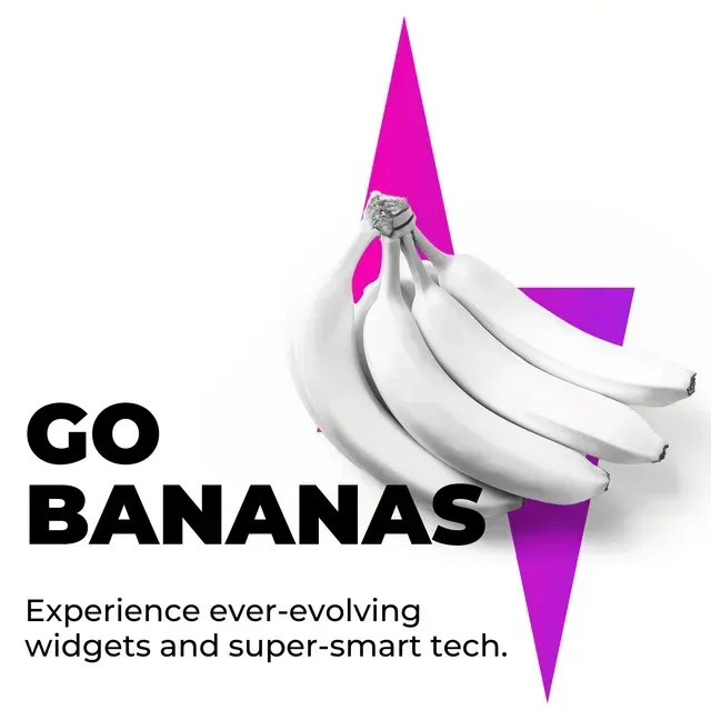 A bunch of white bananas in front of a purple lightning bolt shape with the text 