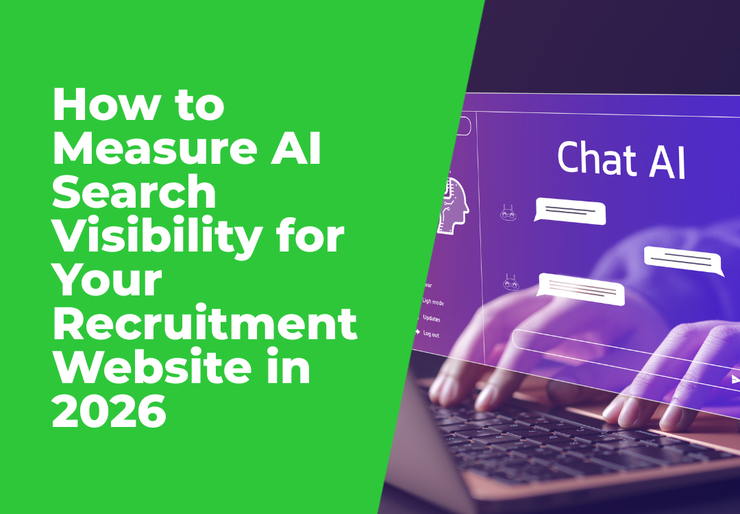 AI search visibility graphic with Chat AI screen and hands typing beside green recruitment web text.