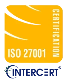 Yellow square ISO 27001 certification badge with white text, featuring an InterCert logo below.