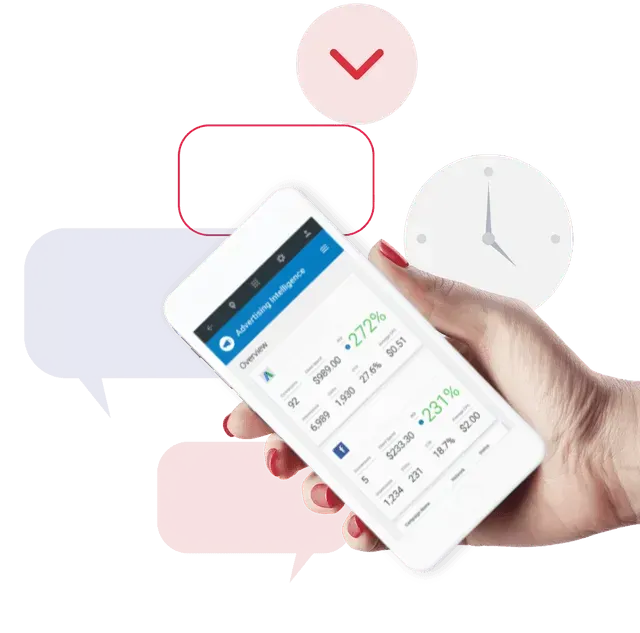 A hand holds a smartphone displaying an advertising intelligence dashboard with performance analytics and growth icons.