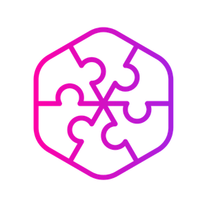 A hexagonal shape composed of six interconnected puzzle pieces with a pink-to-purple gradient outline on a white background.