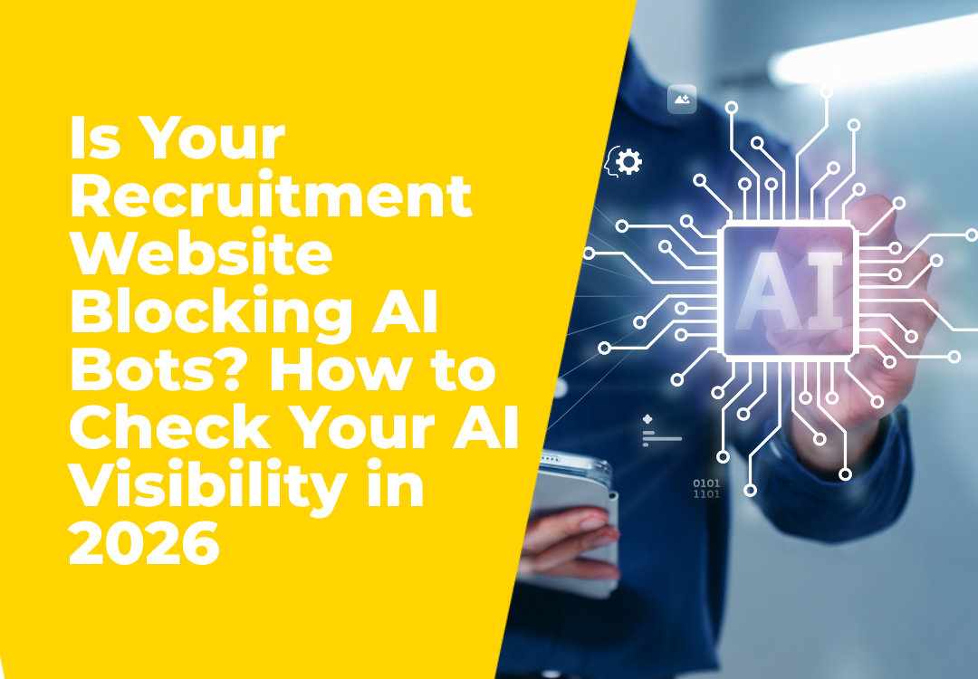 AI visibility graphic with person touching a digital AI chip beside yellow recruitment website text.