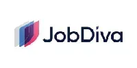 The JobDiva logo featuring three overlapping diagonal parallelograms in grey, blue, and pink next to the dark blue text.