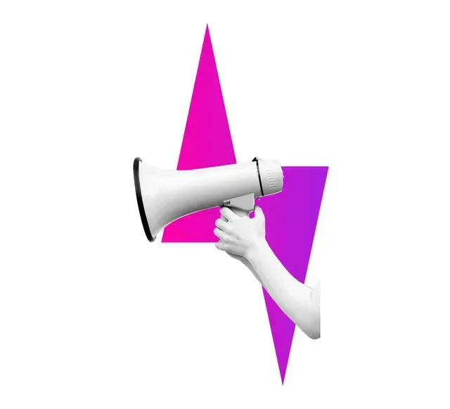 A hand holds a white megaphone against a background of two bright pink and purple lightning bolt shapes.