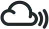 A dark gray outline of a cloud with two curved signal lines radiating from the right side.