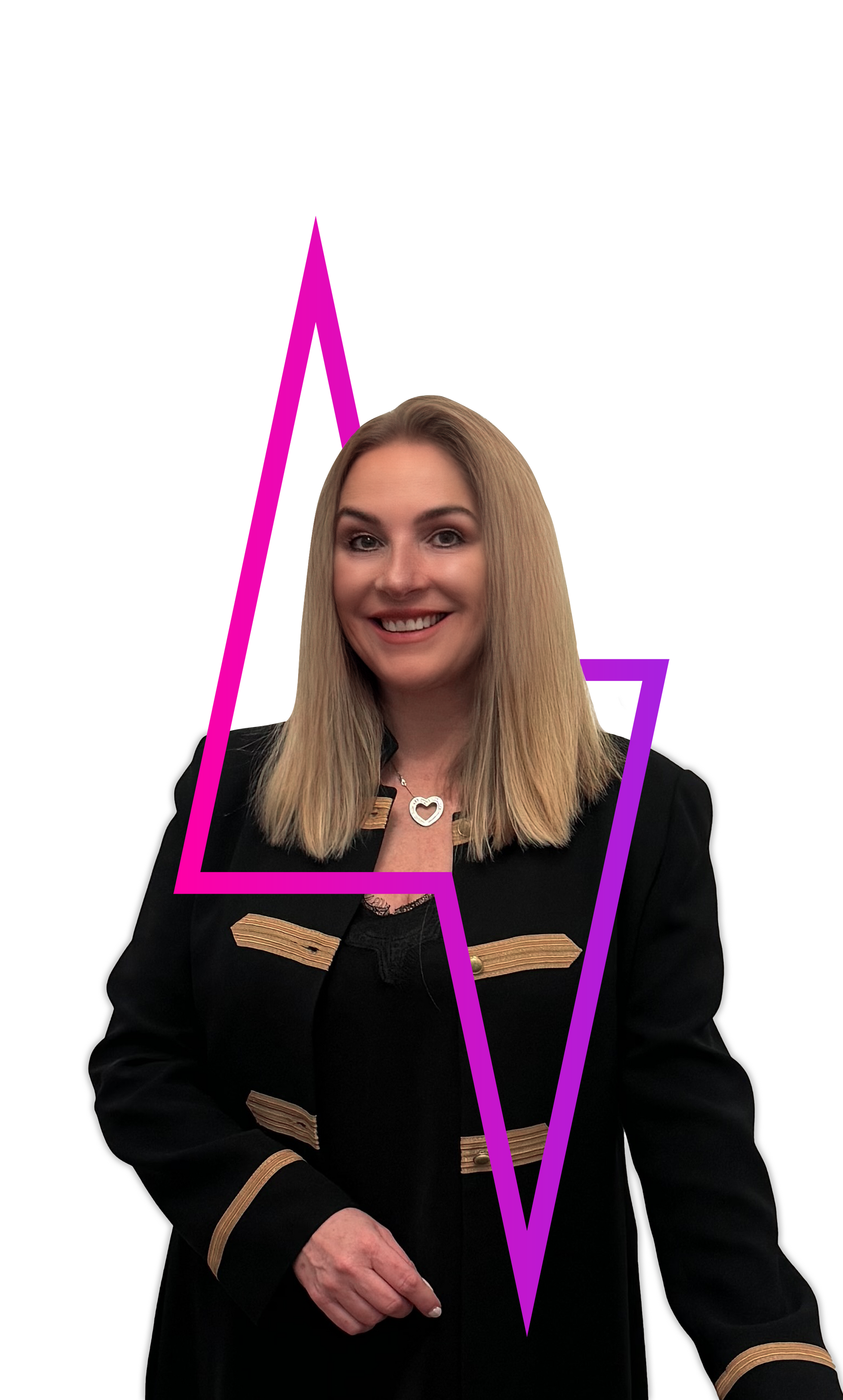 A person with blonde hair smiles, wearing a black military-style jacket with gold trim, layered over a pink neon shape.