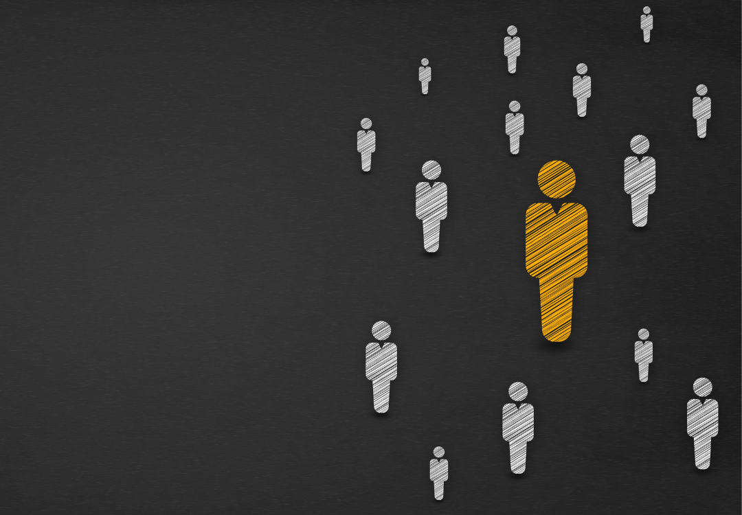 A yellow, highlighted stick figure stands out amidst several smaller, white-outlined stick figures on a black background.