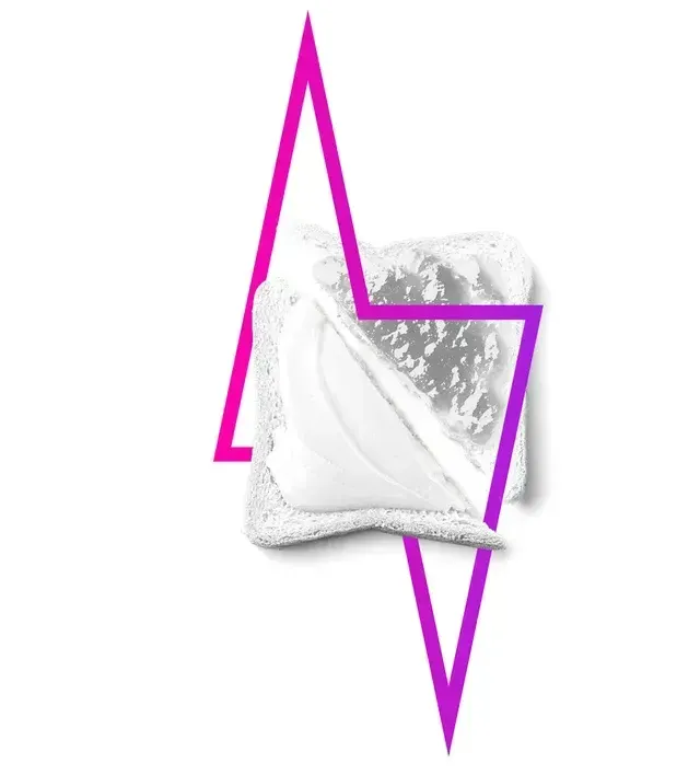 A slice of bread spread with cream cheese and jam, bisected by a neon pink and purple lightning bolt graphic.