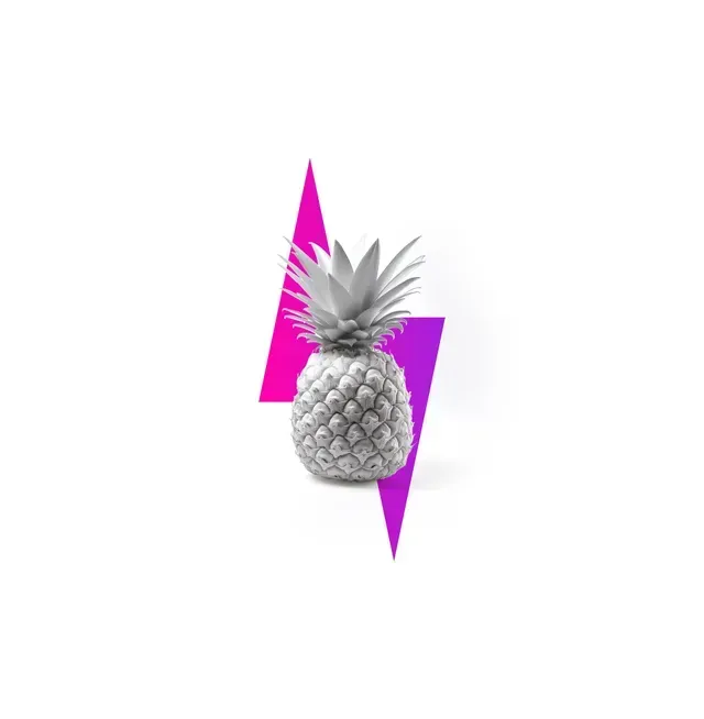 A grayscale pineapple centered in front of a vertical, bright pink and purple lightning bolt graphic on a white background.