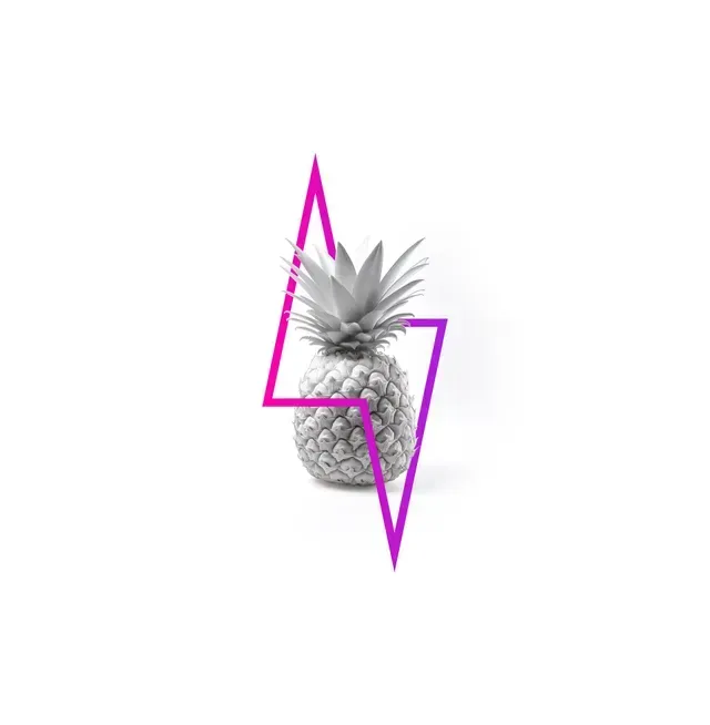 A grayscale pineapple positioned in front of a bright pink, lightning bolt-shaped line outline against a white background.