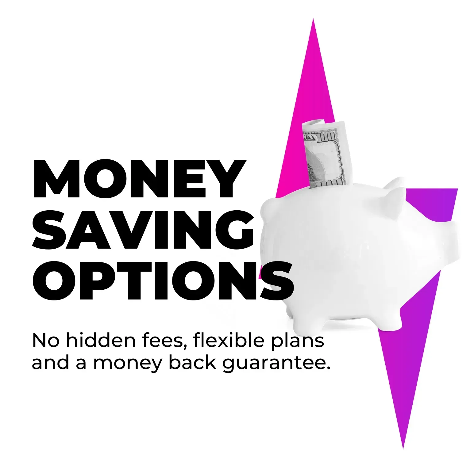 A white piggy bank with a dollar bill on a purple lightning bolt background, captioned