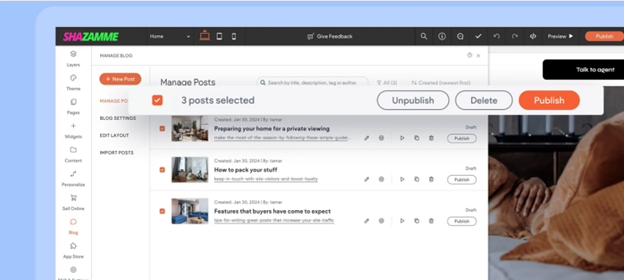 A computer screen showing a website dashboard with a selection menu for publishing, unpublishing, or deleting blog posts.