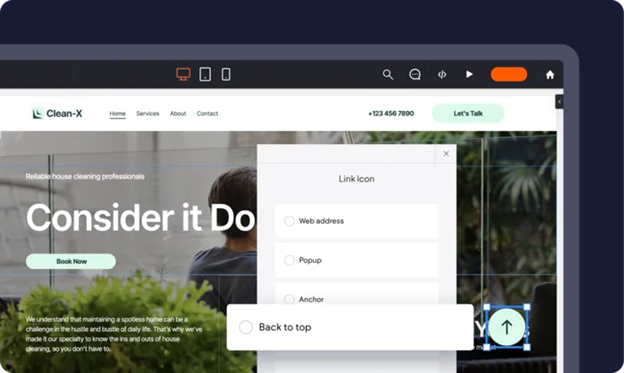 Web design interface showing a website editor with a 