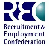 Logo for the Recruitment & Employment Confederation (REC), featuring large blue letters and a teal circular shape.