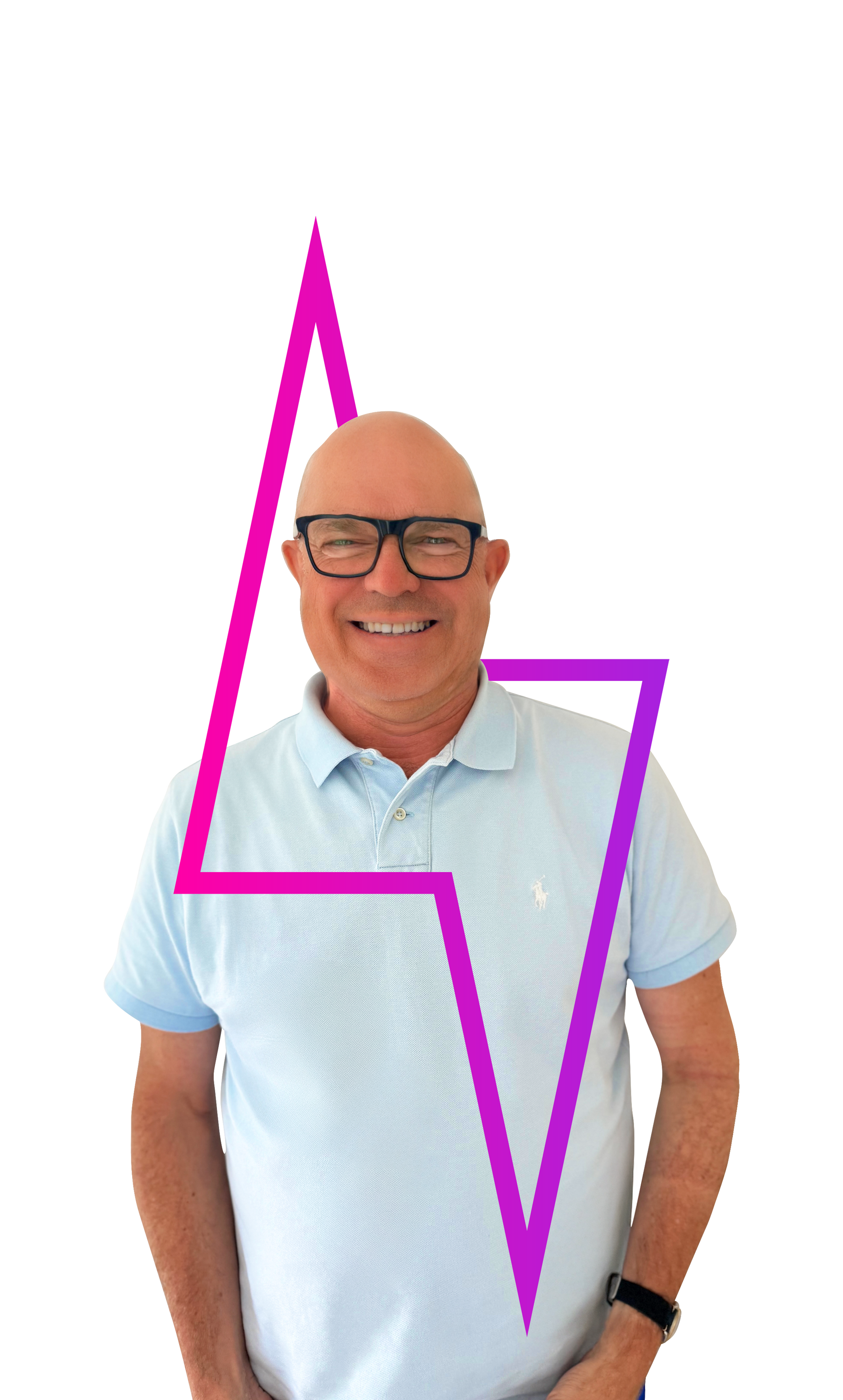 A smiling individual wearing glasses and a light blue polo shirt, framed by a neon pink and purple lightning bolt graphic.