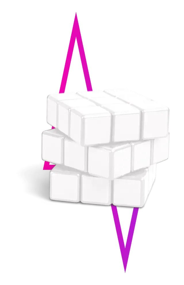 A white 3x3 cube puzzle with its middle layer rotated, centered behind two magenta triangle outlines.