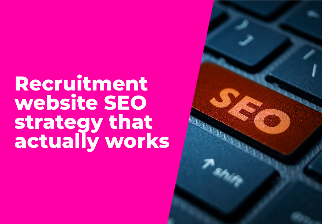 Pink ad for “Recruitment website SEO strategy that actually works” beside a keyboard with an SEO key