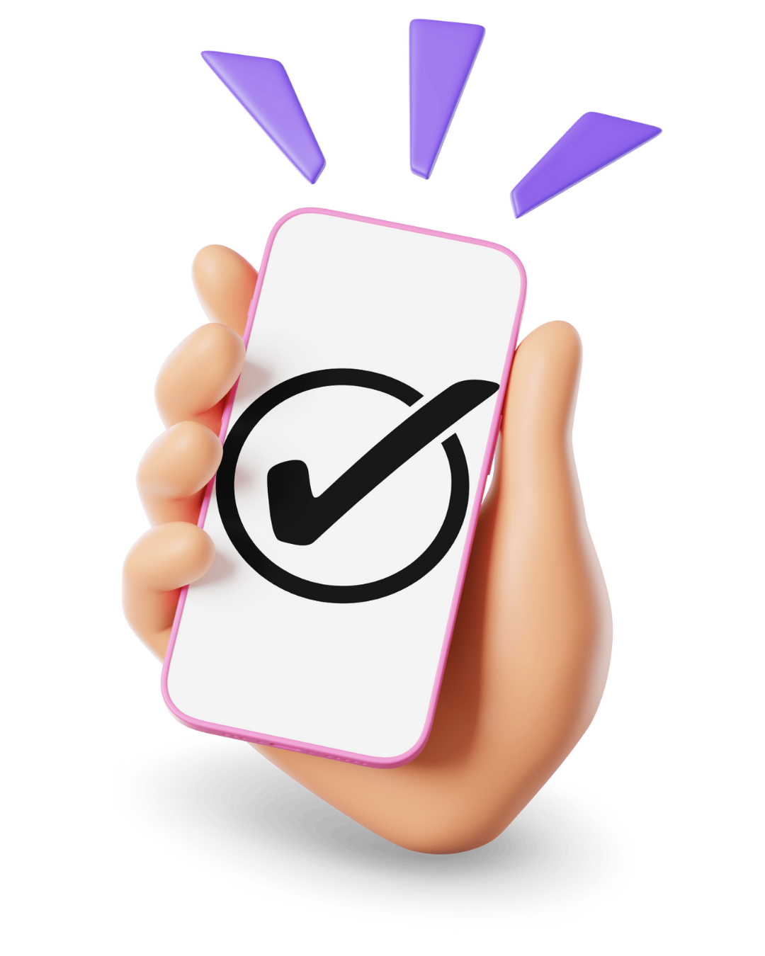A 3D cartoon hand holding a smartphone displaying a black checkmark inside a circle, with purple shapes above the screen.