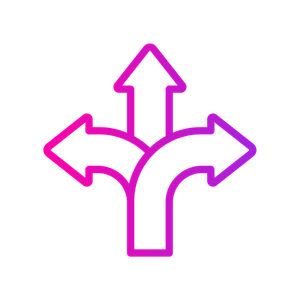 A purple gradient icon showing a single path splitting into three arrows pointing left, up, and right.