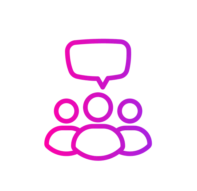 A magenta to purple gradient icon of three people with a speech bubble above the center person.