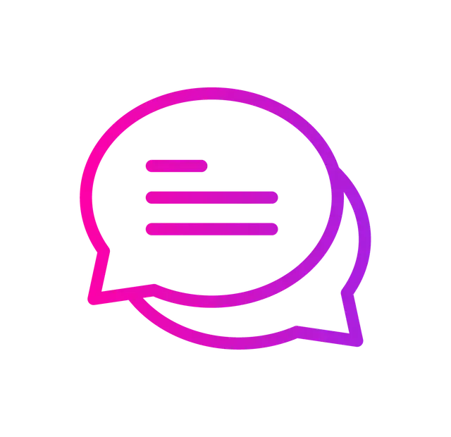 A pink-to-purple gradient icon of two overlapping speech bubbles containing three horizontal lines.