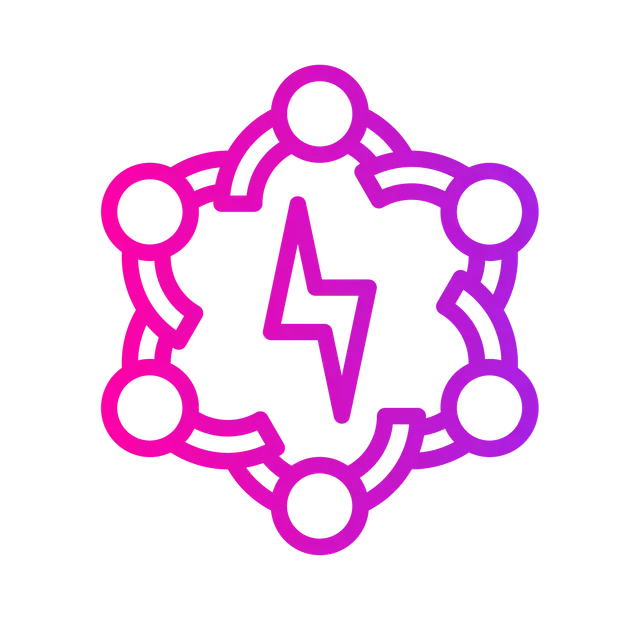 A pink and purple gradient icon showing a stylized lightning bolt centered within a hexagonal ring of six connected nodes.