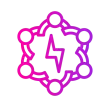 A pink-to-purple gradient icon showing six stylized people in a circle holding hands around a central lightning bolt.