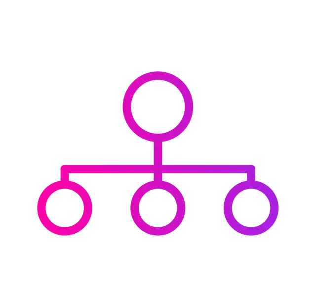 A hierarchy diagram with one circle at the top connected to three circles below, in a pink-to-purple gradient.