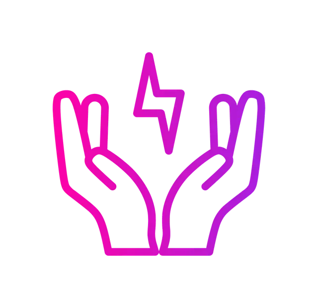 A pink and purple gradient line icon showing two hands cupped together holding a lightning bolt symbol.