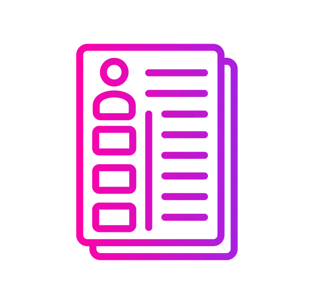 A gradient pink and purple icon of a resume or document stack featuring profile and text line symbols.