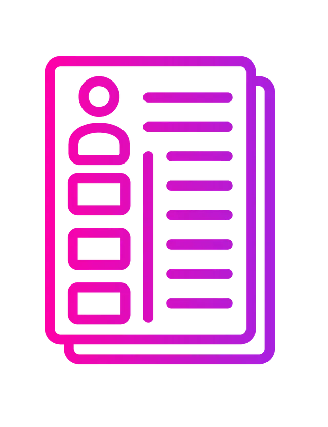 Gradient pink and purple icon of a resume or document with a profile picture placeholder and bulleted list.
