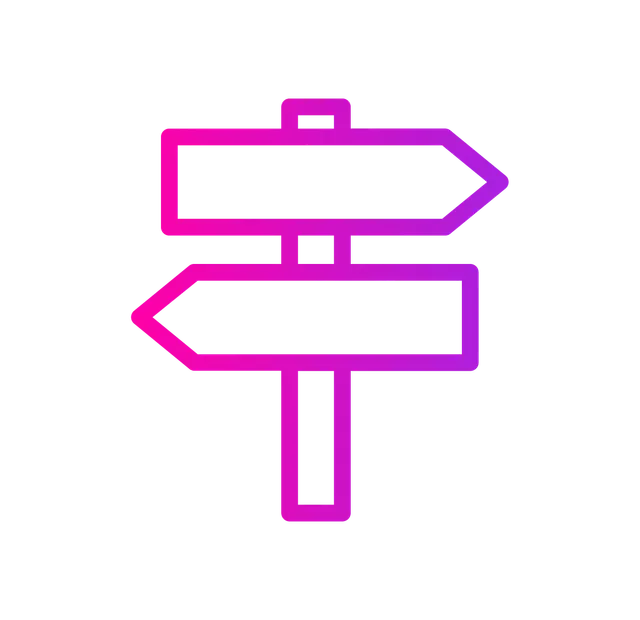 A pink and purple gradient signpost icon with two arrow-shaped signs pointing in opposite directions.