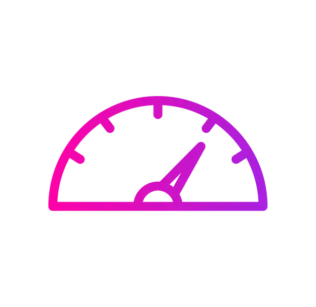 A pink-to-purple gradient line art icon of a speedometer with a needle pointing to the right.