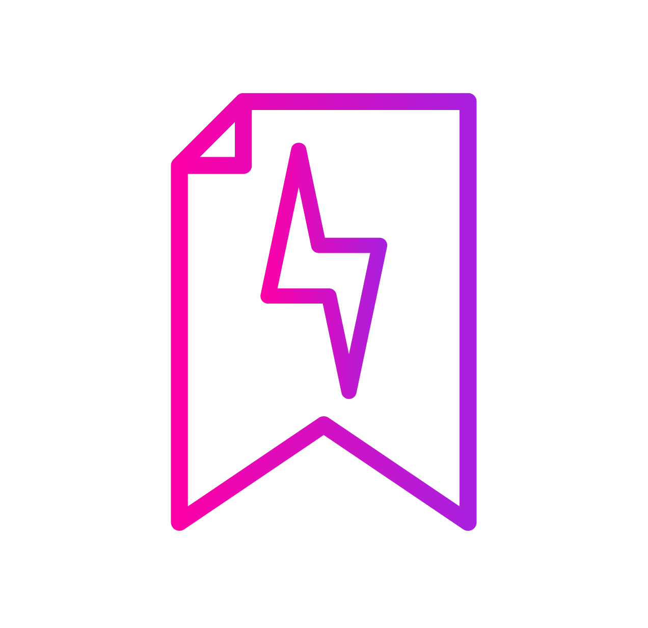 A bookmark icon with a lightning bolt cutout, featuring a pink-to-purple gradient outline on a white background.
