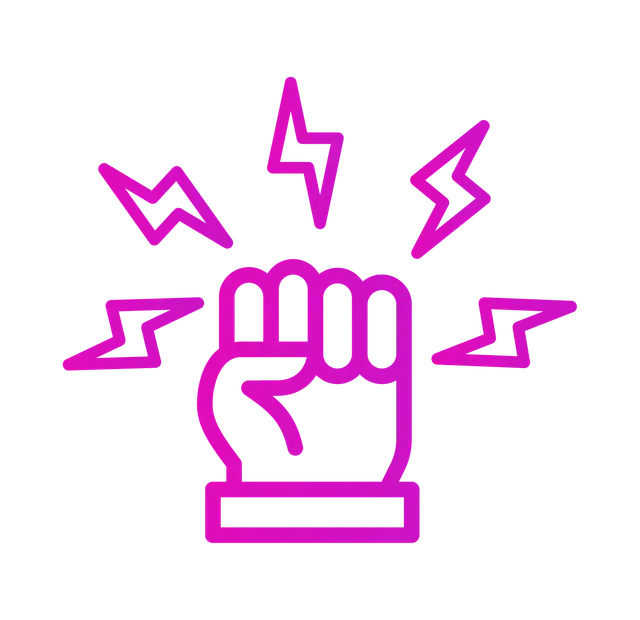 A magenta line icon of a clenched fist surrounded by four lightning bolt shapes.