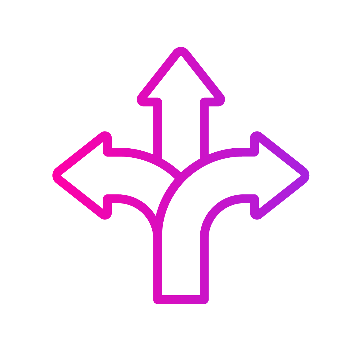 A purple gradient icon featuring three arrows branching out from a single base, pointing left, up, and right.
