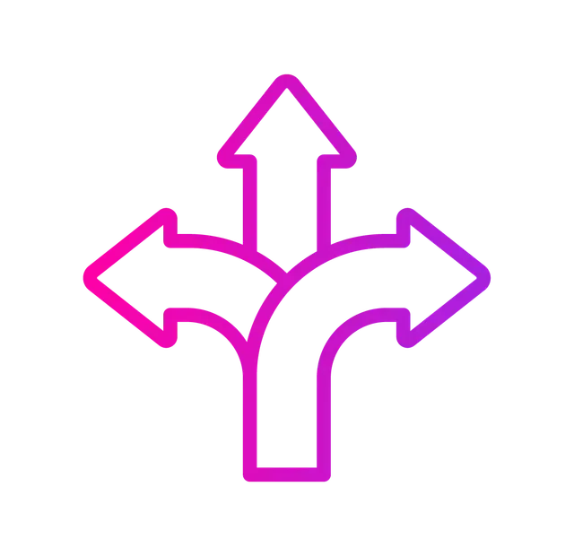 A gradient purple icon showing three arrows diverging from a single path to point left, up, and right.