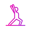 A pink and purple gradient line art icon of a person doing a yoga lunge pose with arms raised overhead.