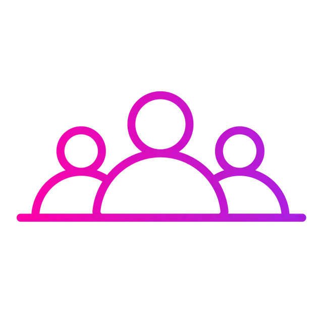 An icon of three stylized people standing in a row, featuring a magenta to purple color gradient.