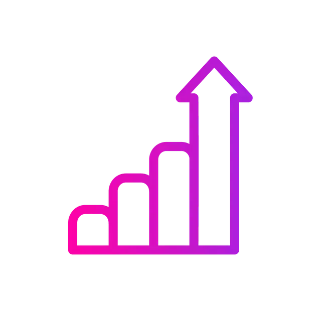 A bar chart icon with a gradient from pink to purple, showing four bars increasing in height with an arrow at the end.