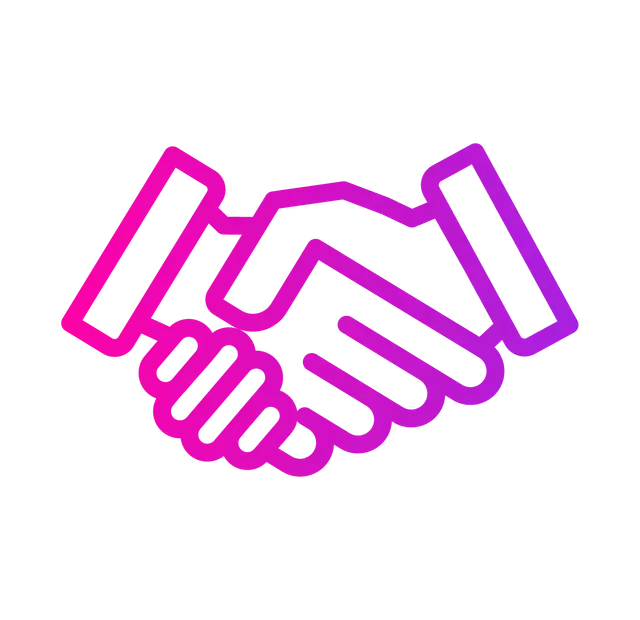 A pink and purple gradient line art icon of two hands shaking, symbolizing a partnership or agreement.