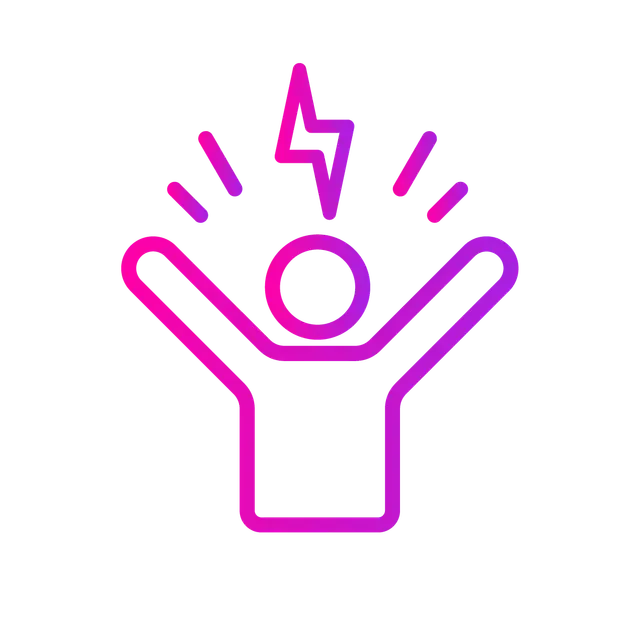 A gradient pink and purple icon of a person with raised arms under a lightning bolt symbol.